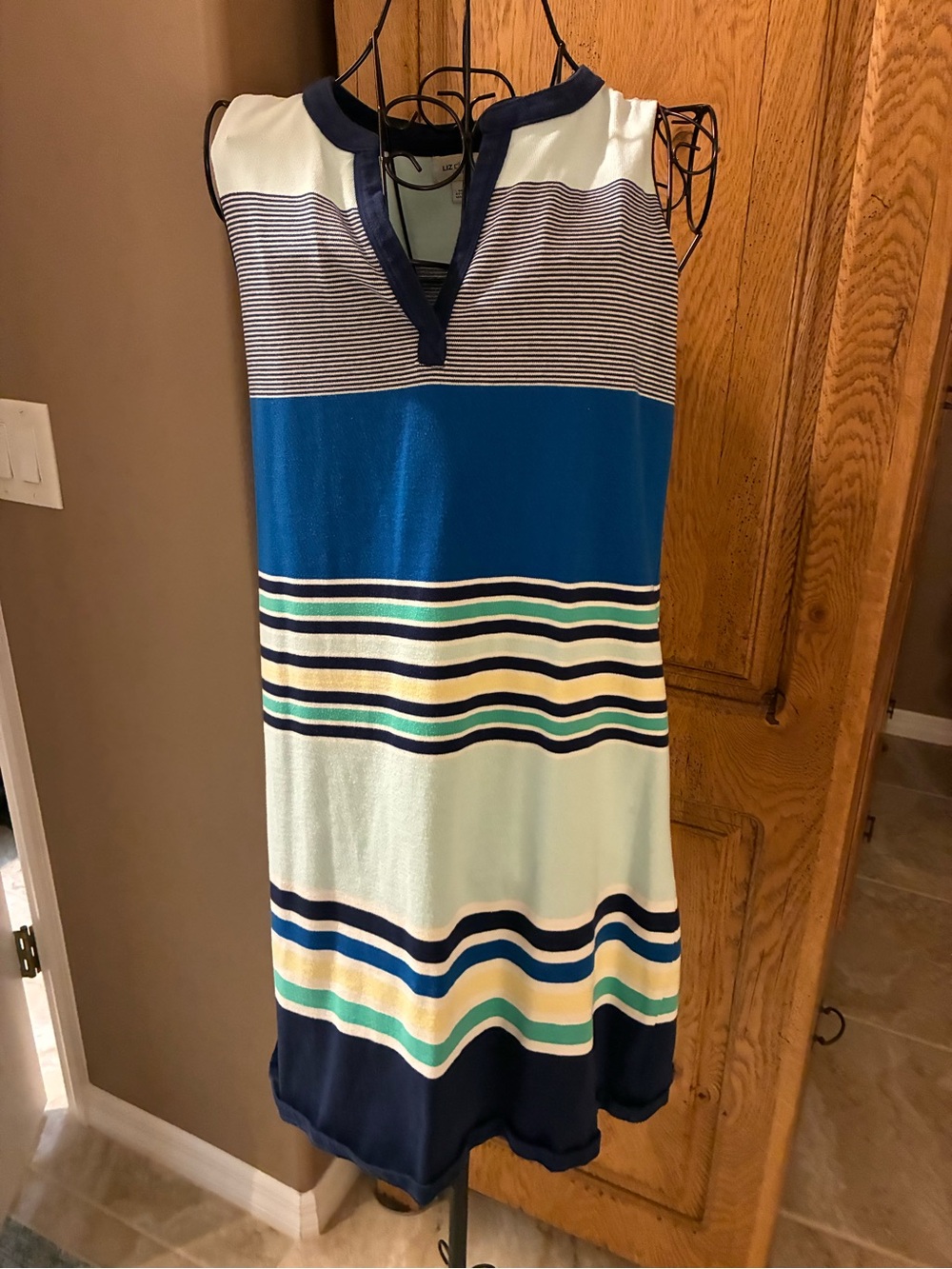 Liz Claiborne Striped Sleeveless Shift Dress - Navy & Teal